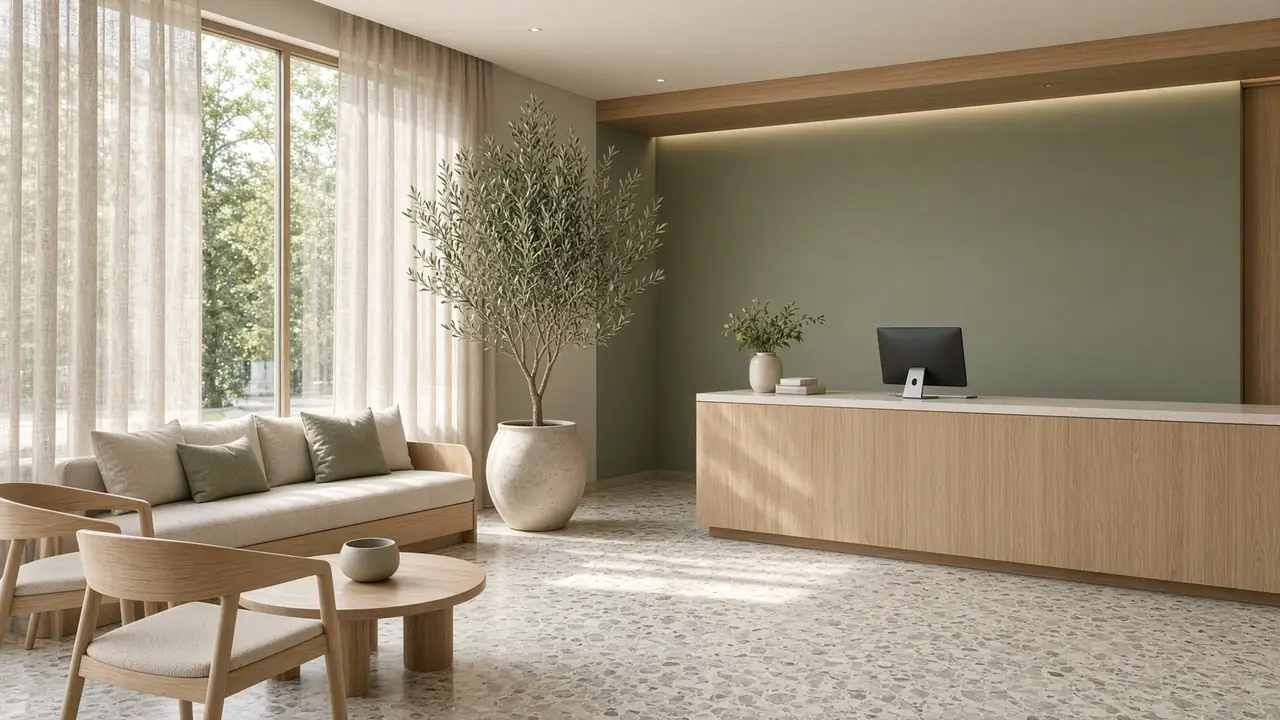 Site institucional da Clínica Vitalis em Savassi — recepção com mobiliário em carvalho